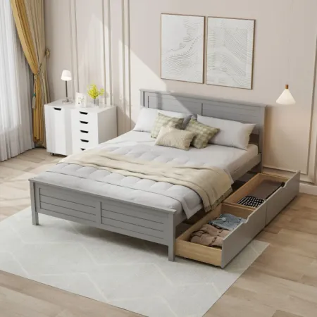 Hivvago Full Size Bed Frame with Storage Drawers and Solid Wood Headboard