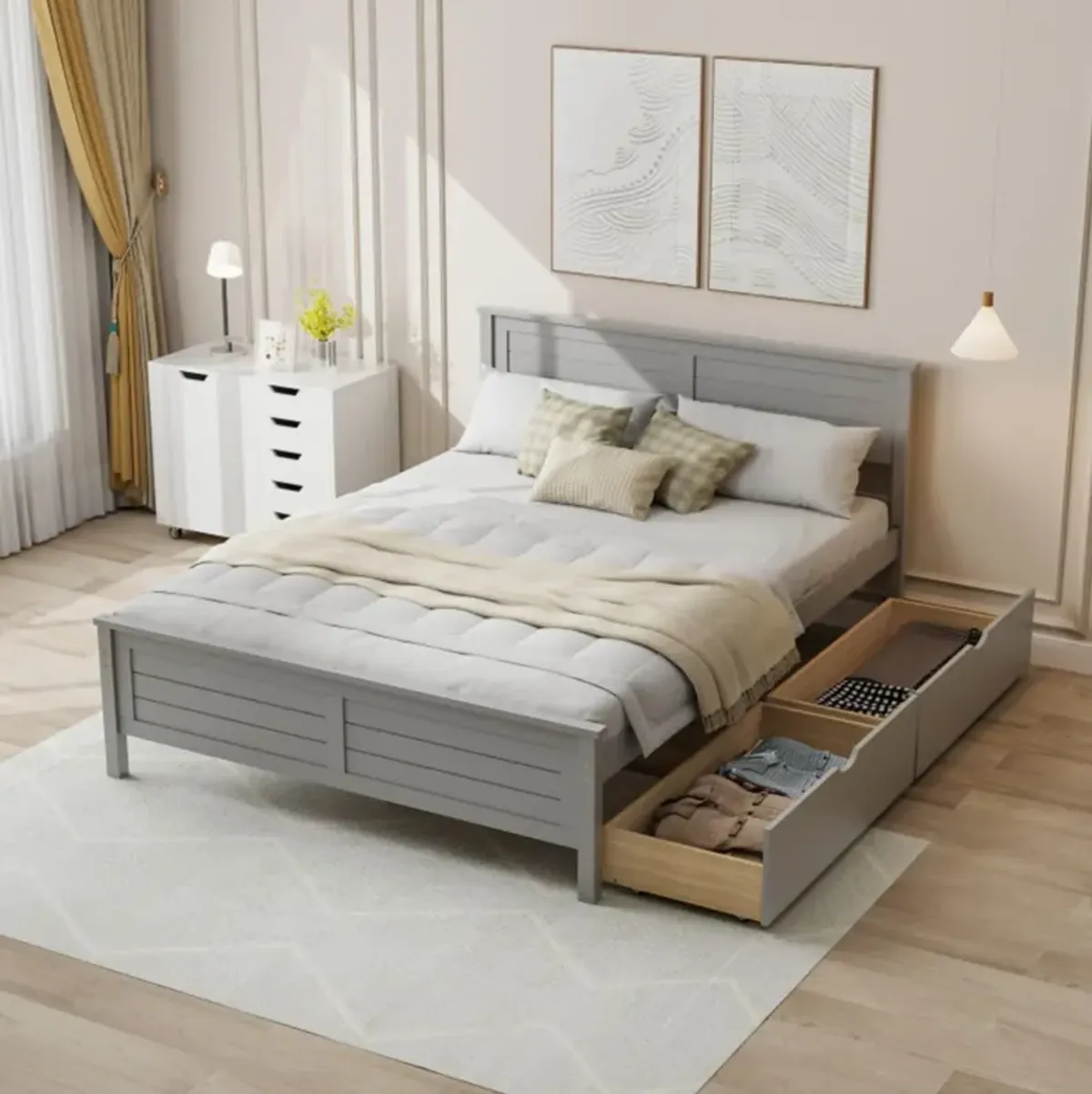 Hivvago Full Size Bed Frame with Storage Drawers and Solid Wood Headboard