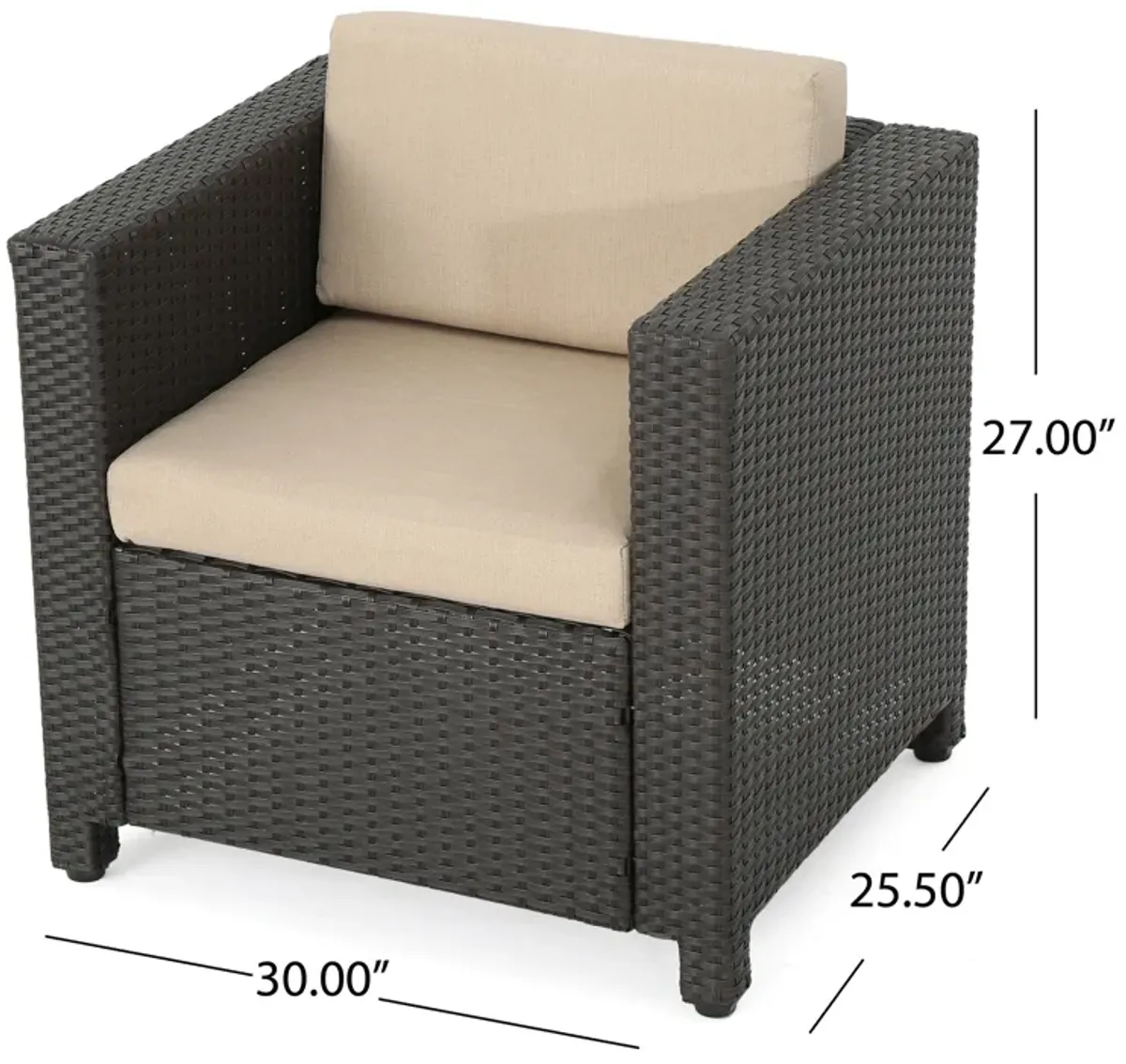 Elza Outdoor Accent Chair, Iron, Brown Faux Rattan Wicker, Beige - Benzara