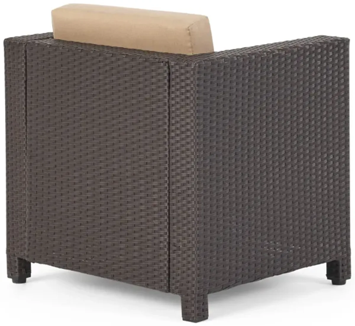 Elza Outdoor Accent Chair, Iron, Brown Faux Rattan Wicker, Beige - Benzara