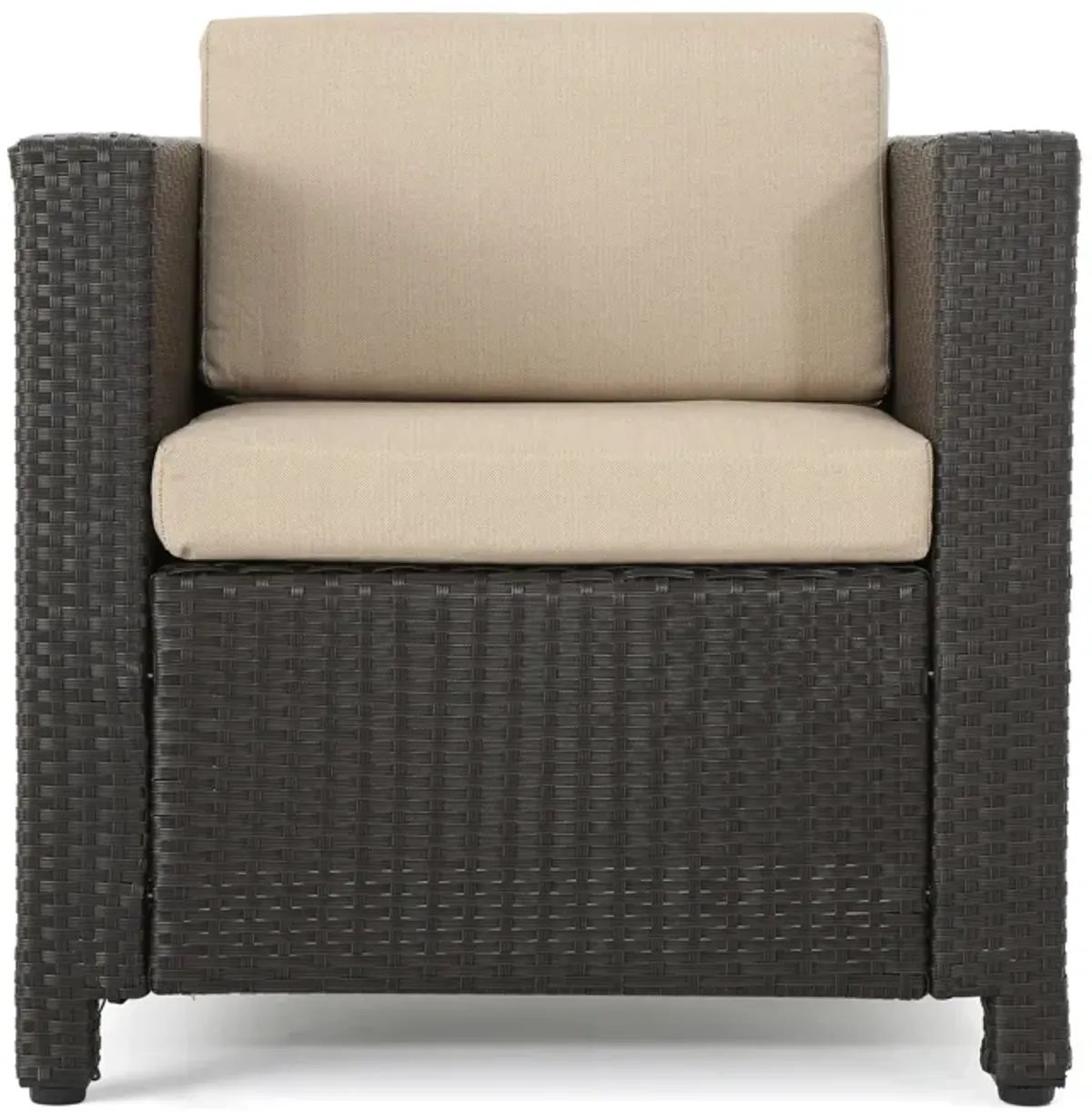 Elza Outdoor Accent Chair, Iron, Brown Faux Rattan Wicker, Beige - Benzara