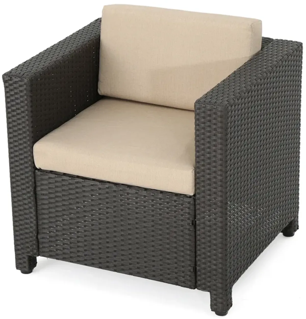 Elza Outdoor Accent Chair, Iron, Brown Faux Rattan Wicker, Beige - Benzara