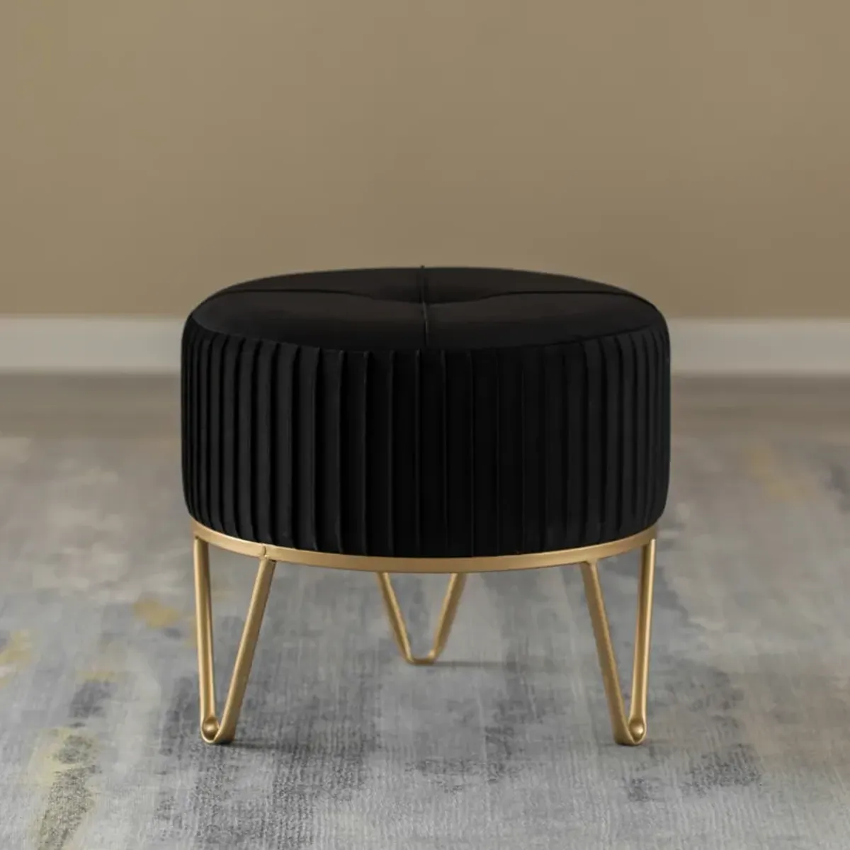 Round Velvet Ottoman Stool Raised with Hairpin Gold Base, Black, Small