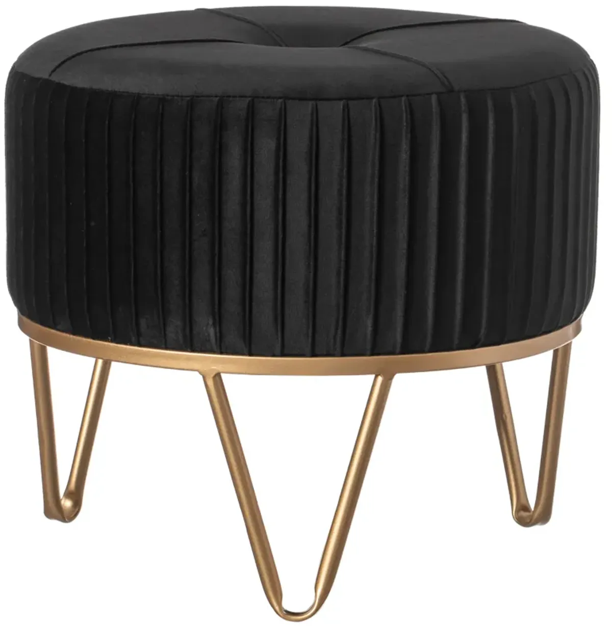 Round Velvet Ottoman Stool Raised with Hairpin Gold Base, Black, Small