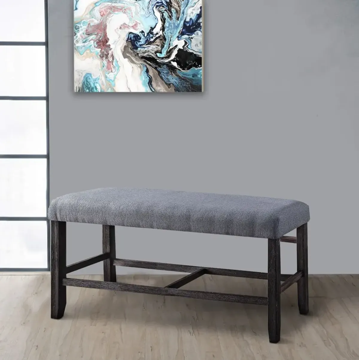 Rectangular Fabric Counter Height Bench with Padded Seat, Brown and Blue-Benzara