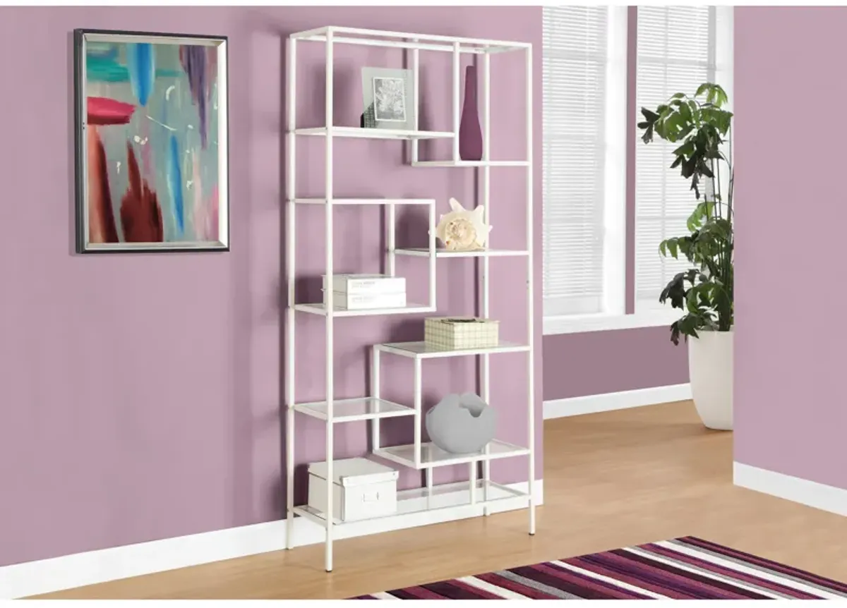 Monarch Specialties I 7159 Bookshelf, Bookcase, Etagere, 72"H, Office, Bedroom, Metal, Tempered Glass, White, Clear, Contemporary, Modern