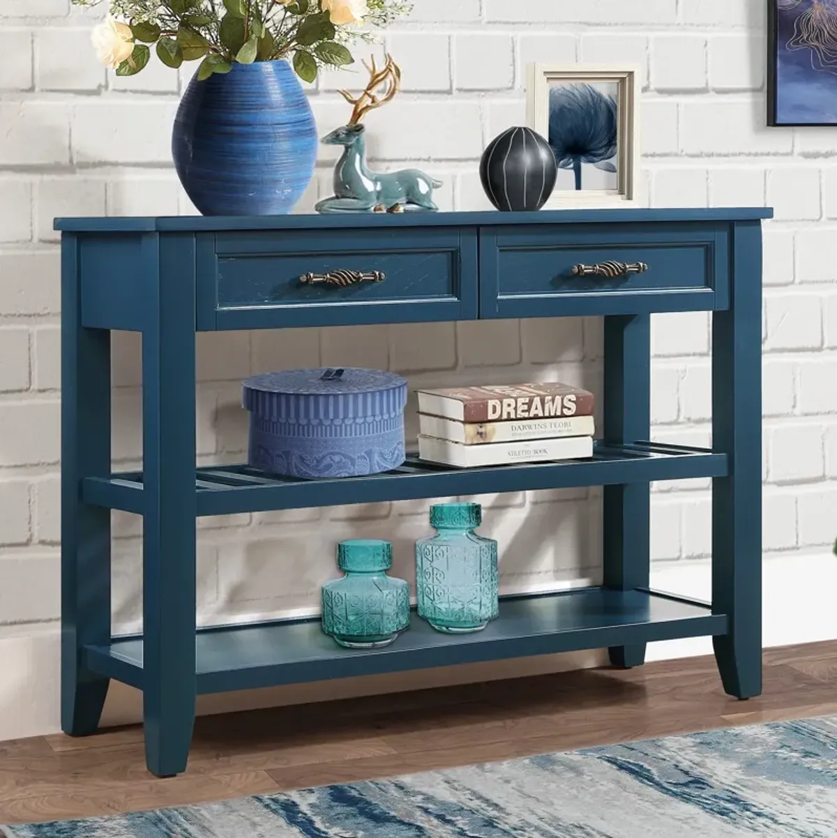 Gewnee Retro Style Solid Wood Console Table With Storage Drawers, Navy Blue