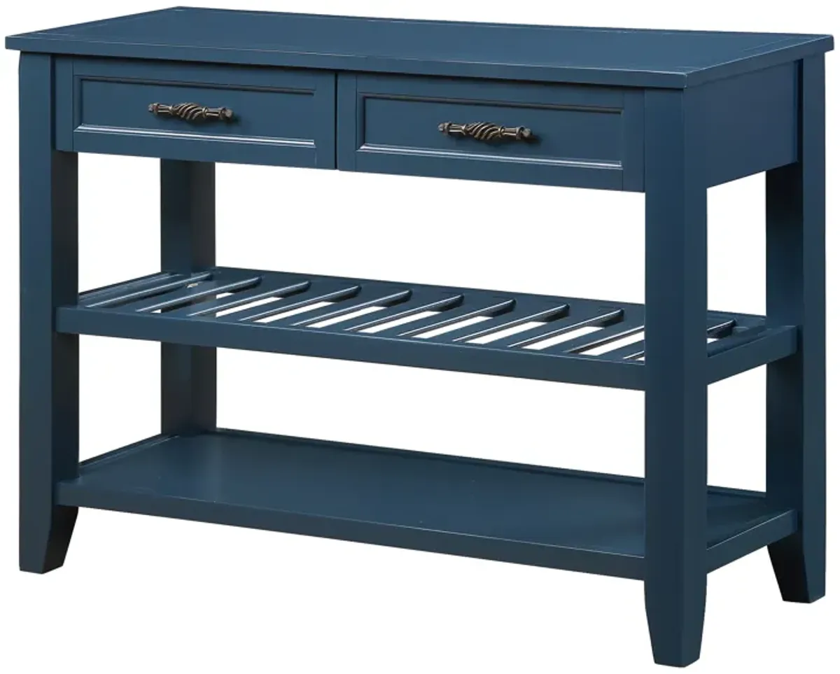 Gewnee Retro Style Solid Wood Console Table With Storage Drawers, Navy Blue