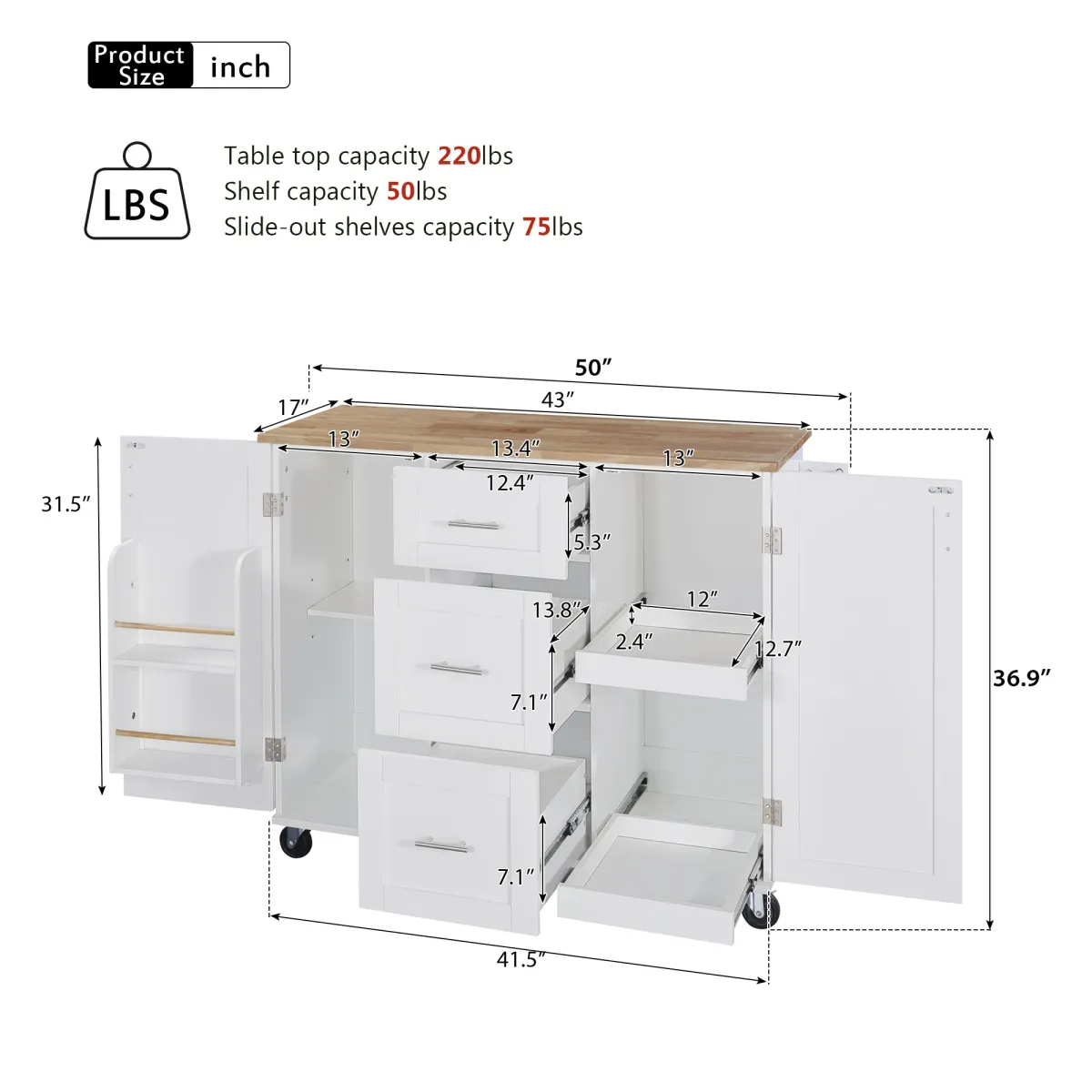 Rolling Kitchen Island with Storage and Spice Rack Tower