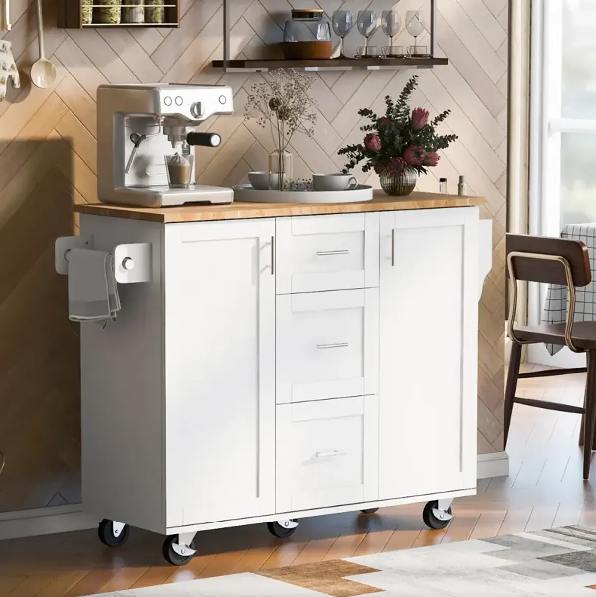 Rolling Kitchen Island with Storage and Spice Rack Tower