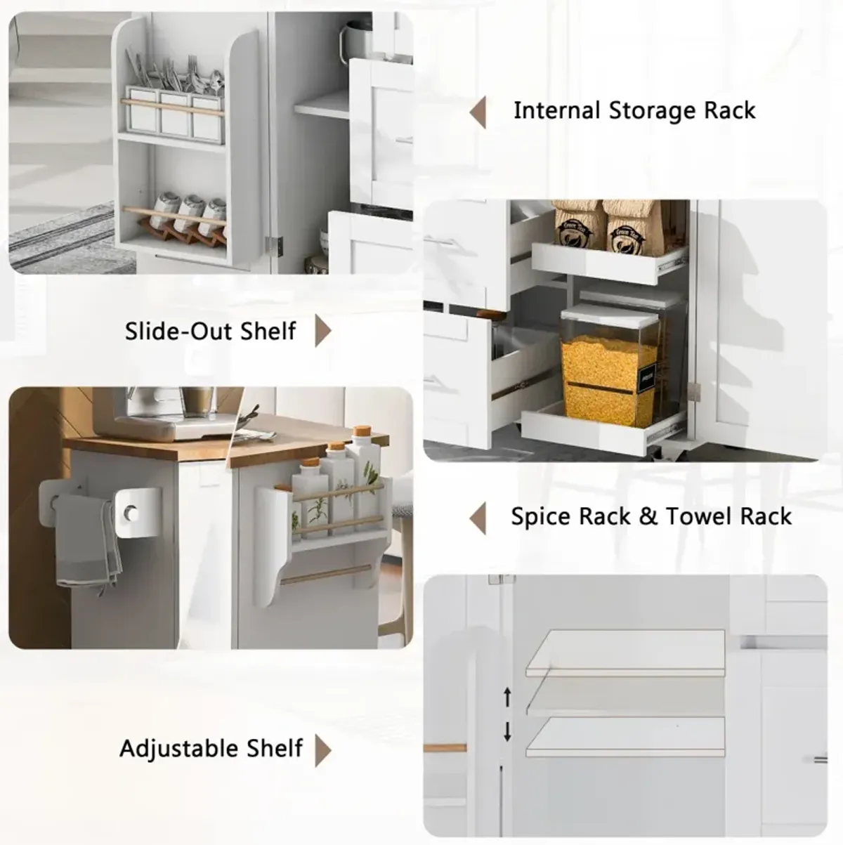 Rolling Kitchen Island with Storage and Spice Rack Tower