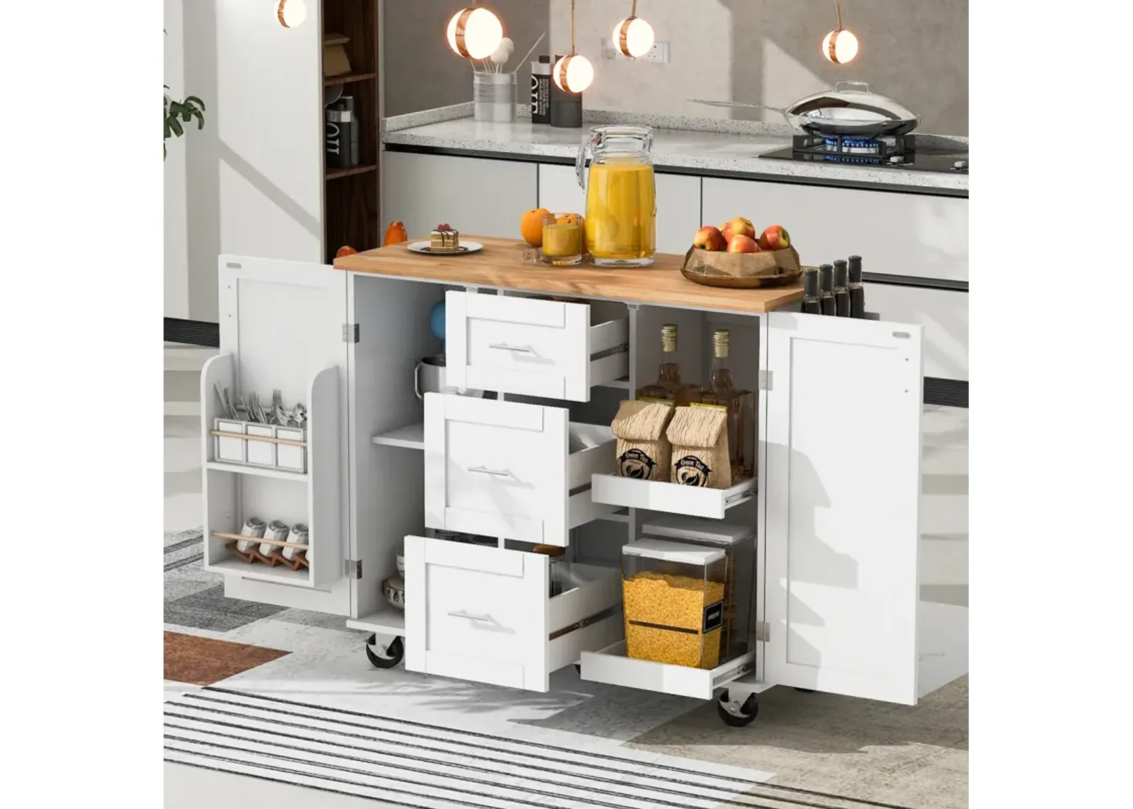 Rolling Kitchen Island with Storage and Spice Rack Tower