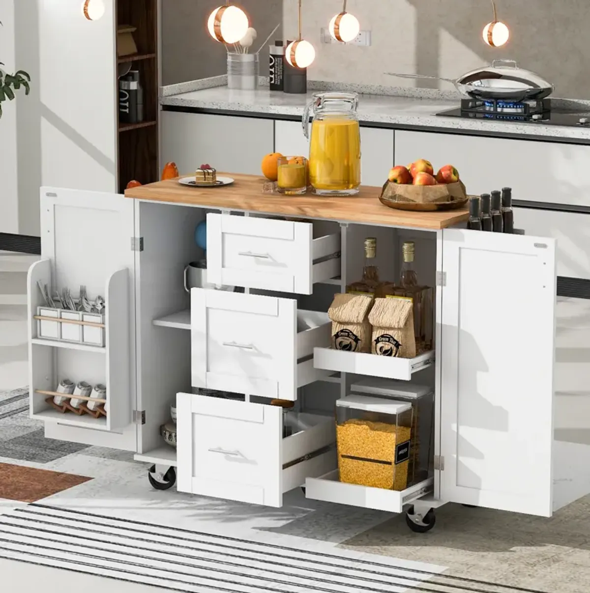 Rolling Kitchen Island with Storage and Spice Rack Tower