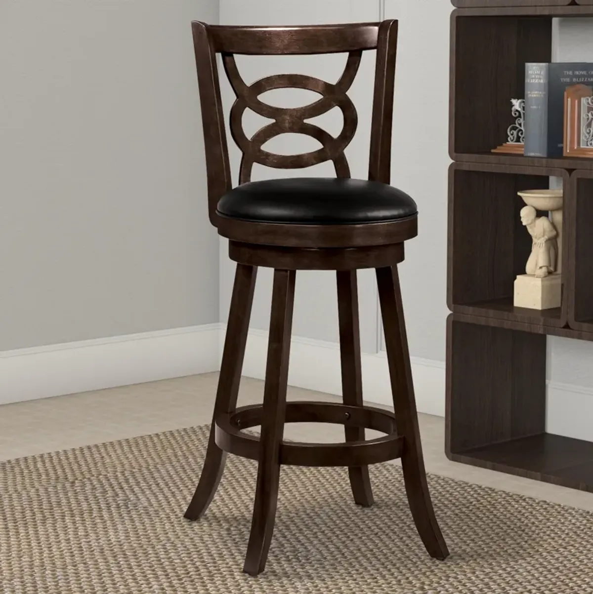 29" Swivel Bar Stool with Upholstered Seat, Black And Brown ,Set of 2-Benzara