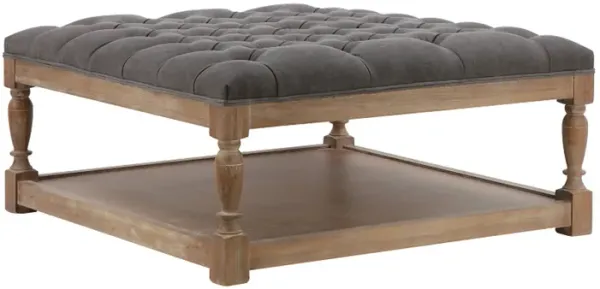 Xena Coffee Table, 36 Inch Tufted Frost Gray Upholstery, Solid Wood