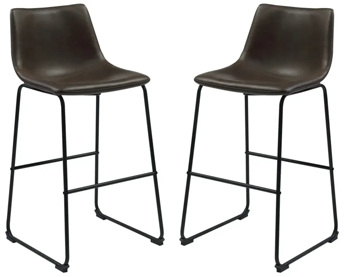 Casual Contoured Bar Height Stool, Brown, Set of 2-Benzara