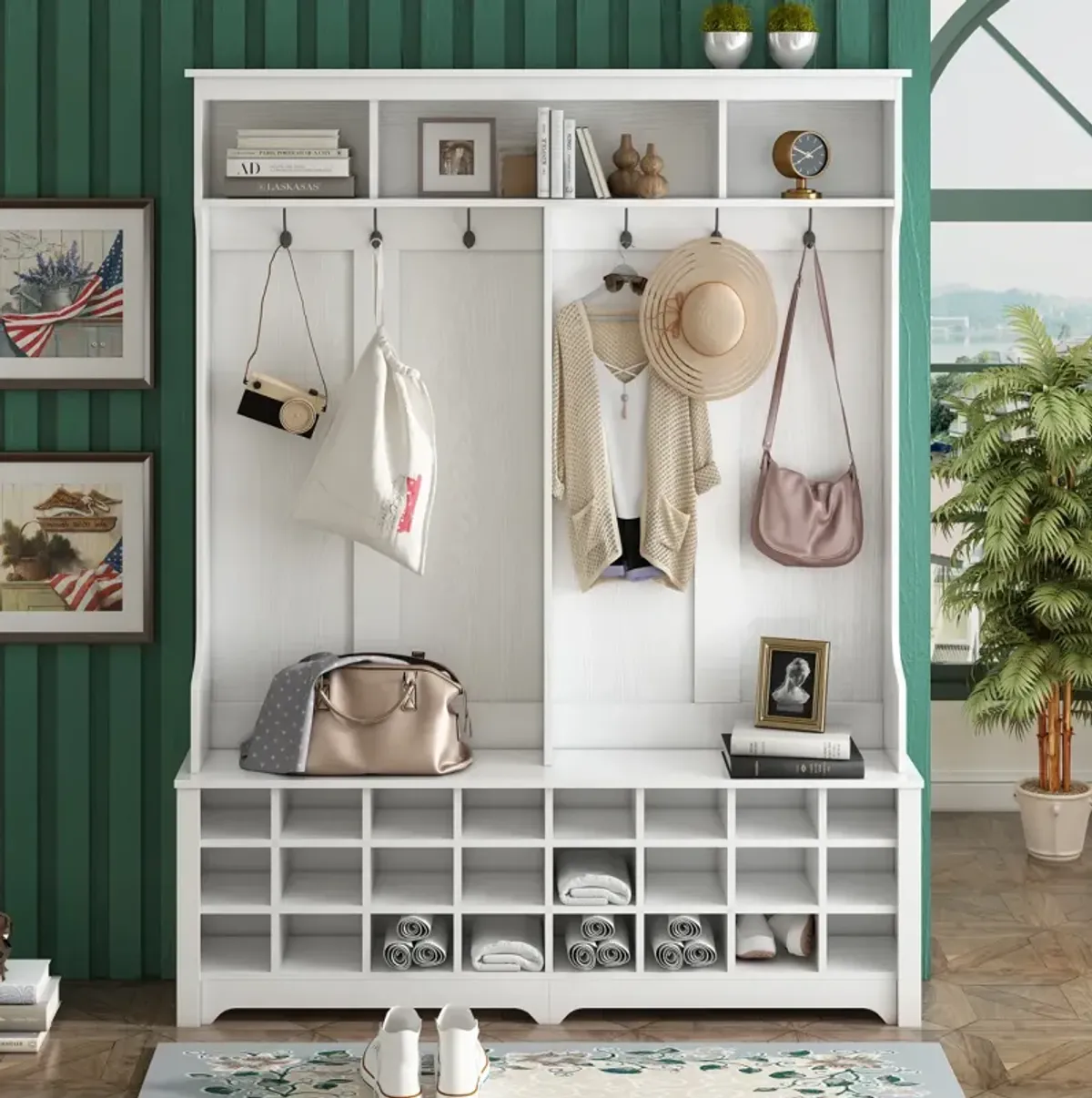 Multi-Function Hallway Coat Rack with Bench and Shoe Storage