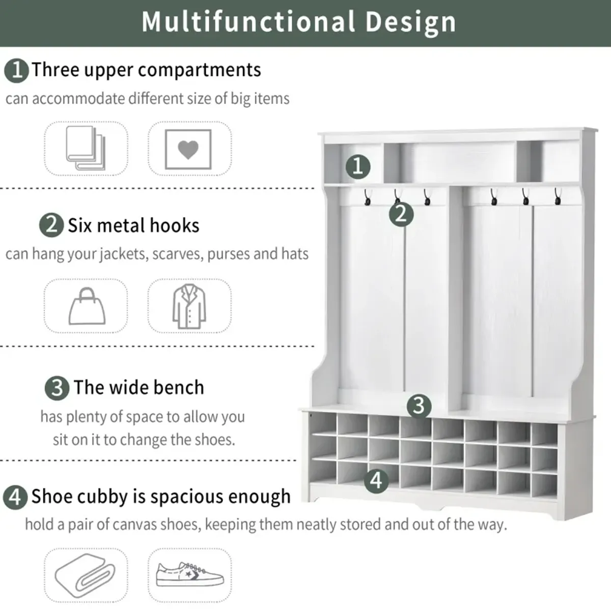 Multi-Function Hallway Coat Rack with Bench and Shoe Storage