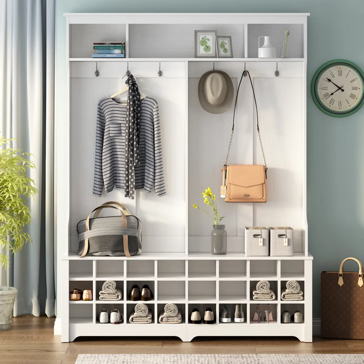 Multi-Function Hallway Coat Rack with Bench and Shoe Storage