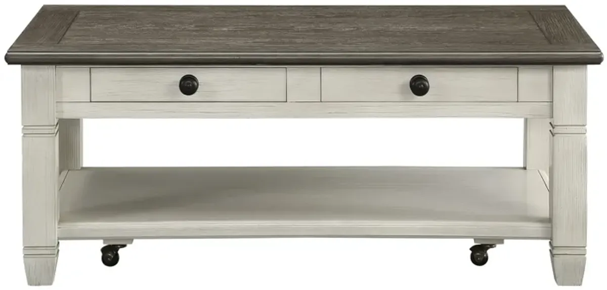 Rome 48 Inch Cocktail Coffee Table, 2 Drawers, White and Brown, Solid Wood - Benzara