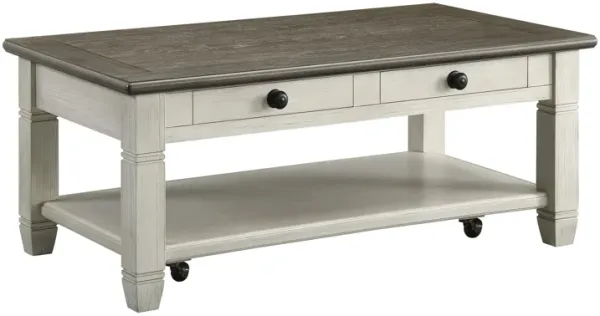 Rome 48 Inch Cocktail Coffee Table, 2 Drawers, White and Brown, Solid Wood - Benzara