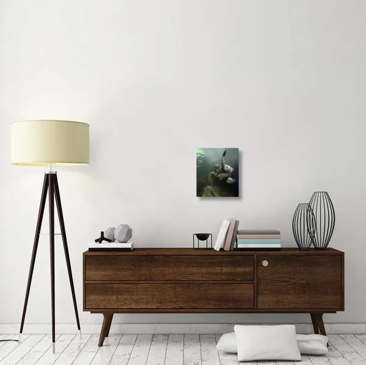 Green Sea Turtle and fish, Sabah, Malaysia-Canvas Art-13.76x16