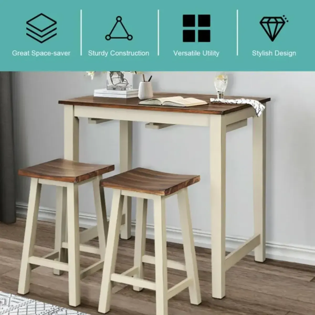 Hivvago Counter Height Pub Table with 2 Saddle Bar Stools