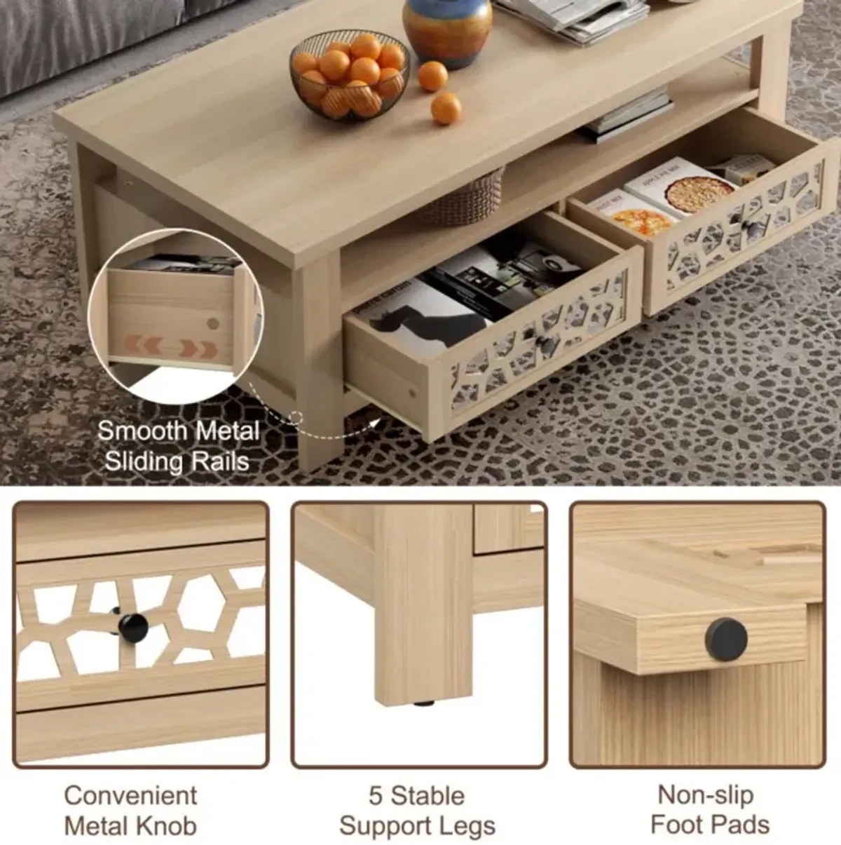 Hivvago 3-tier Coffee Table with 2 Drawers and 5 Support Legs