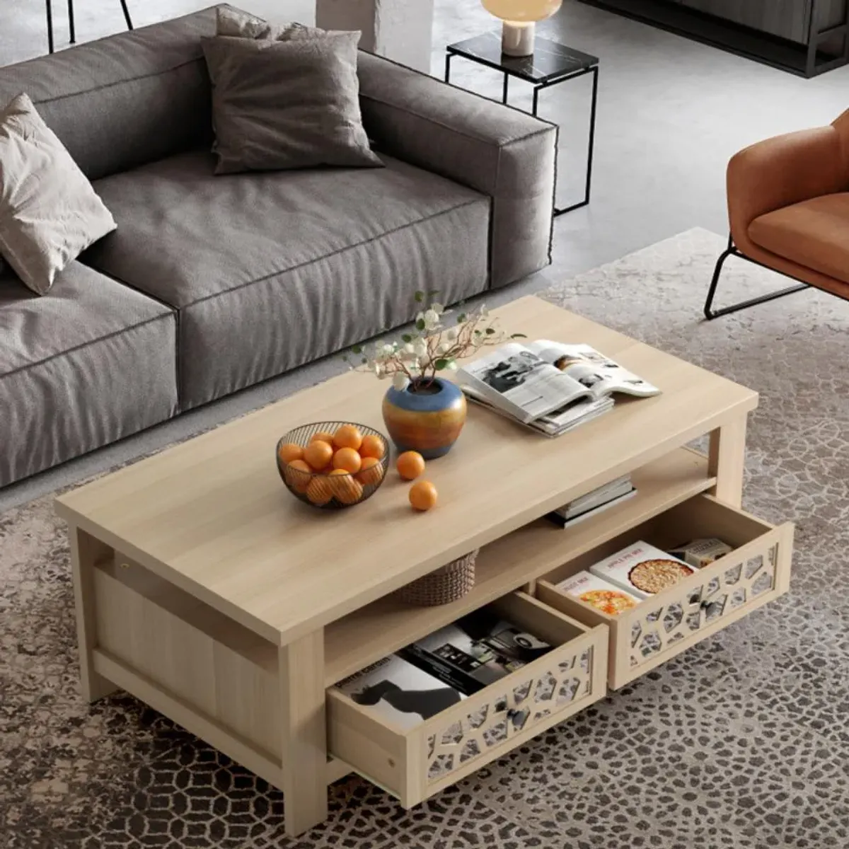 Hivvago 3-tier Coffee Table with 2 Drawers and 5 Support Legs