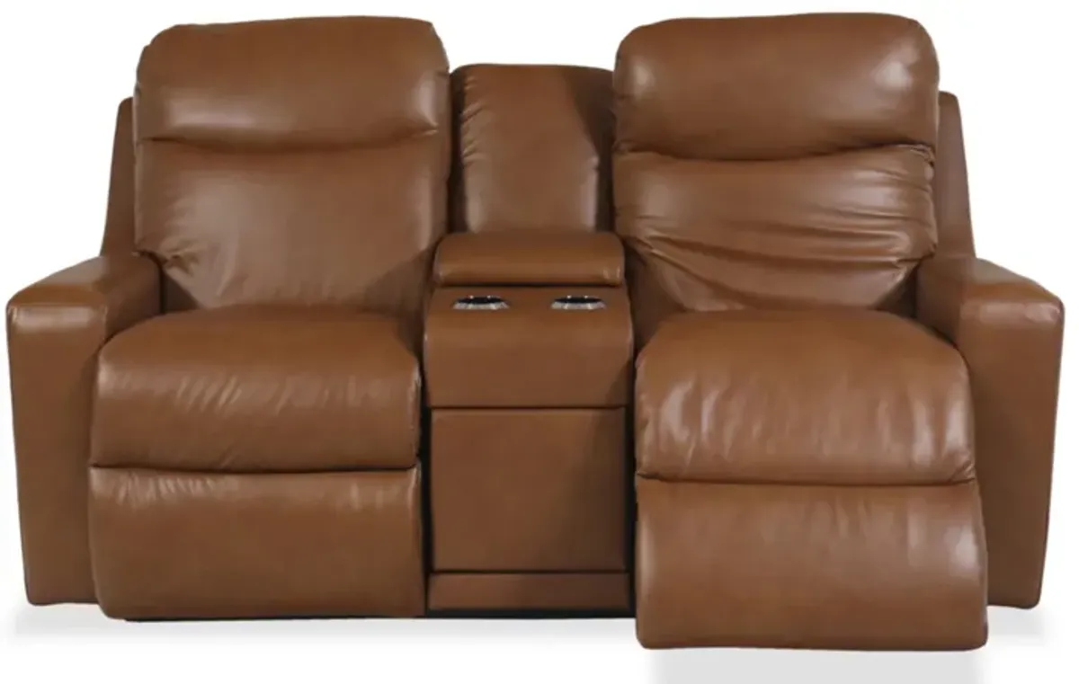 Emmons Oak Leather Power Reclining Loveseat with  Headrest & Lumbar