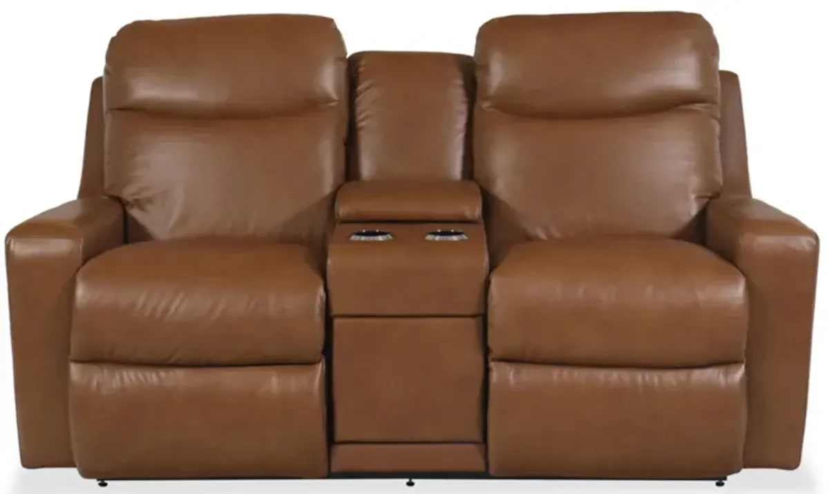 Emmons Oak Leather Power Reclining Loveseat with  Headrest & Lumbar
