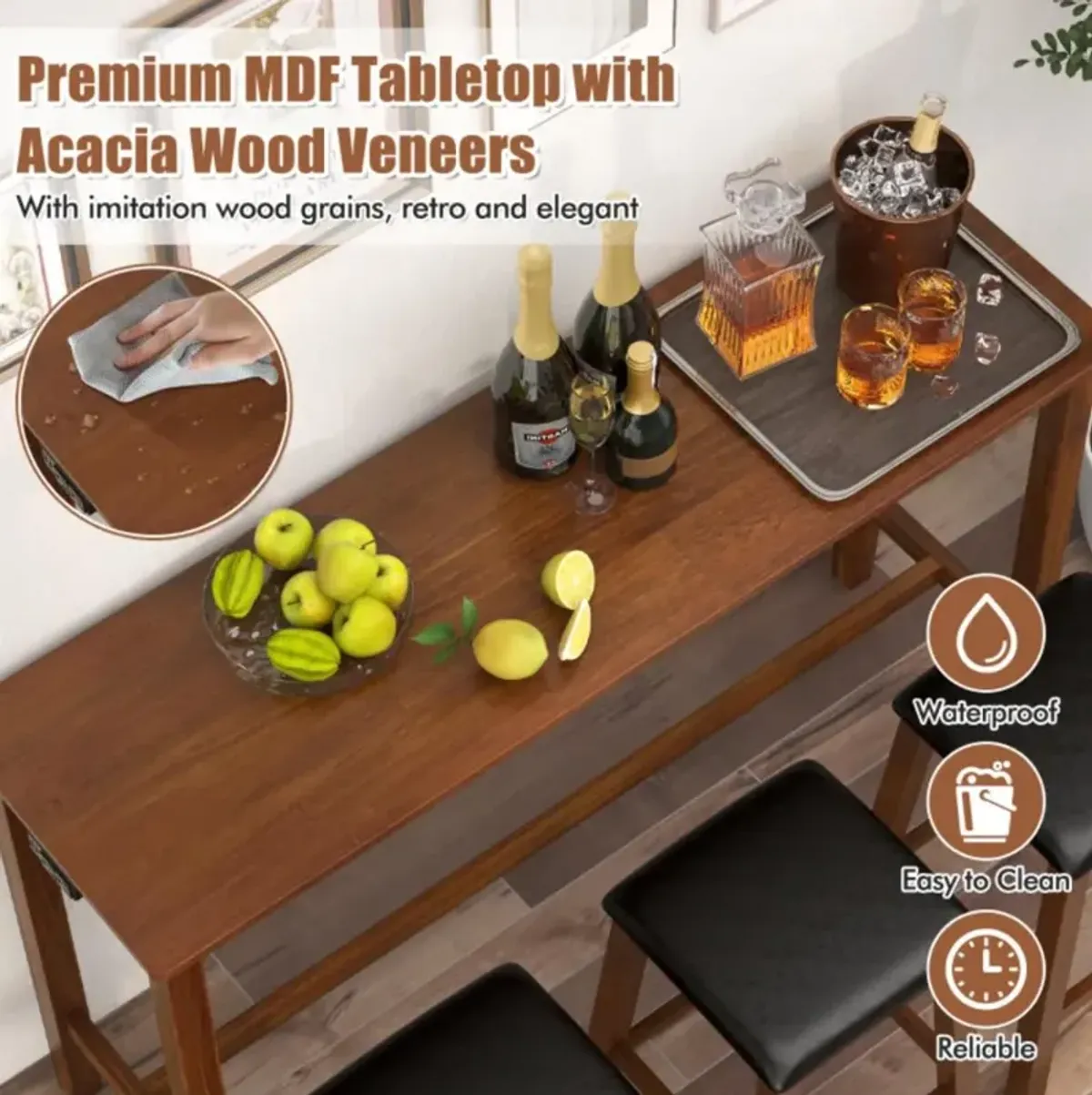 Hivvago 4-Piece Bar Table Set Counter-Height Table and 3 PVC Leather Upholstered Bar Stools