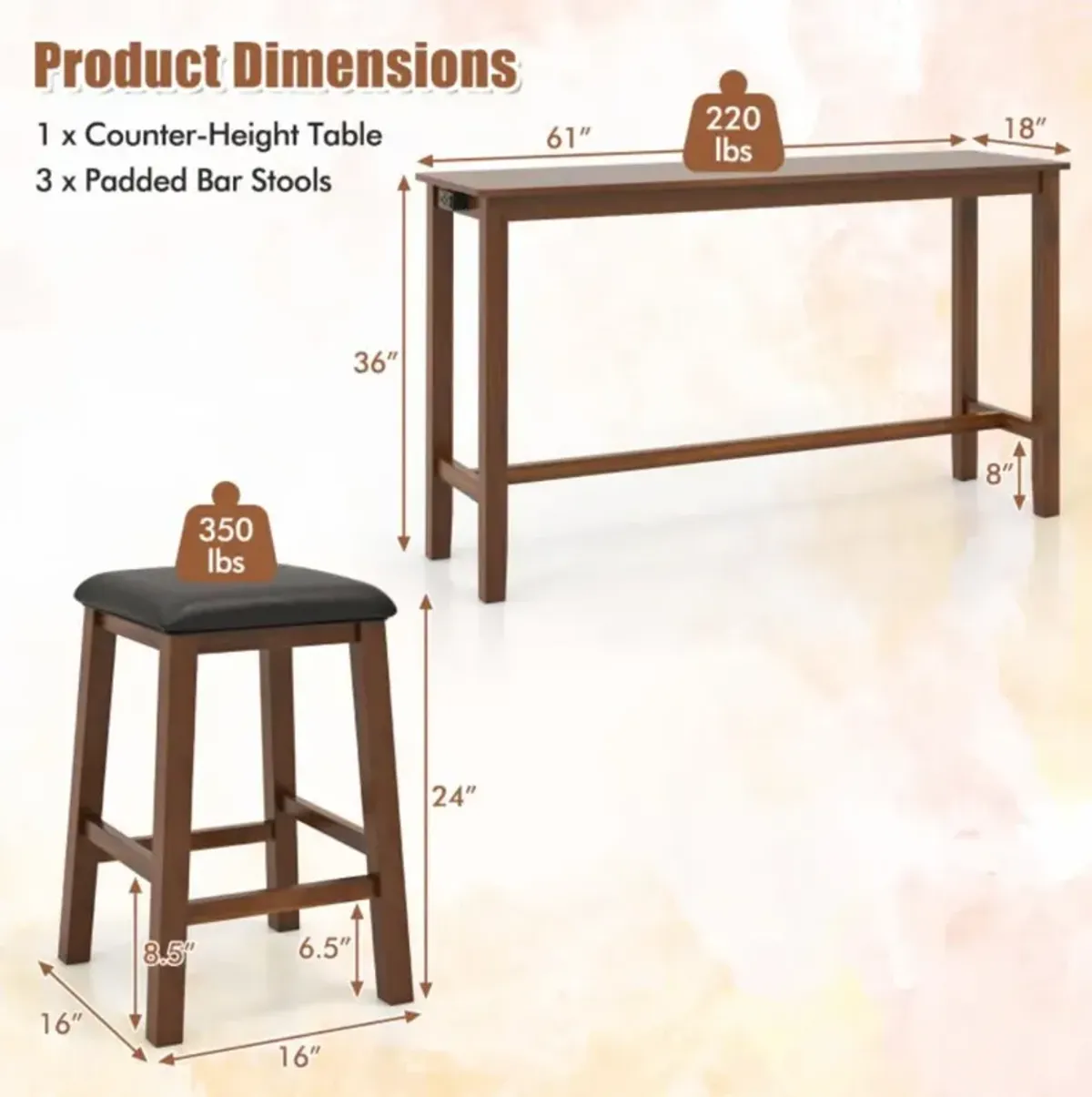 Hivvago 4-Piece Bar Table Set Counter-Height Table and 3 PVC Leather Upholstered Bar Stools