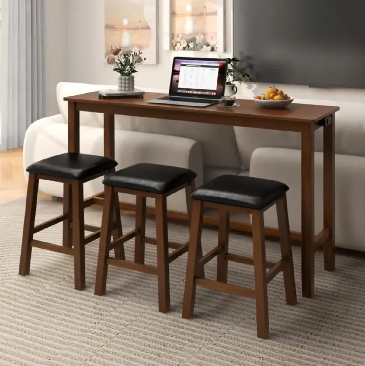 Hivvago 4-Piece Bar Table Set Counter-Height Table and 3 PVC Leather Upholstered Bar Stools