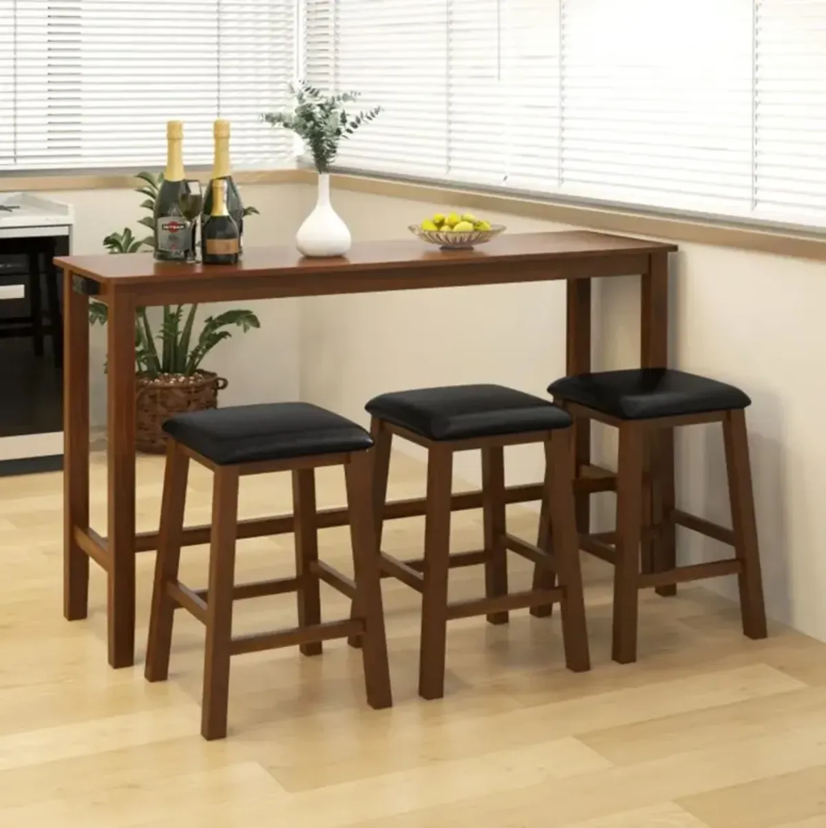 Hivvago 4-Piece Bar Table Set Counter-Height Table and 3 PVC Leather Upholstered Bar Stools