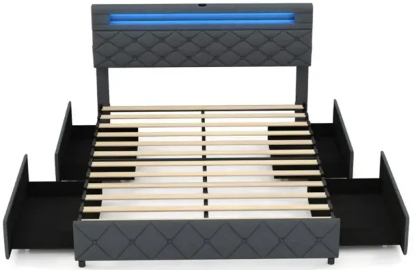 Hivvago Queen Size Bed Frame with Adjustable Storage Headboard and Wooden Slat Support