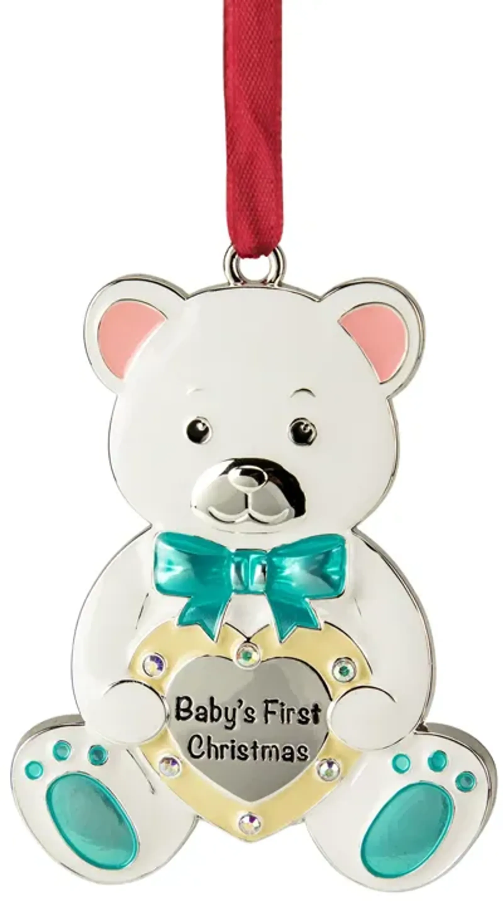 3" Pastel Silver Plated Bear Baby's First Christmas Ornament with European Crystals