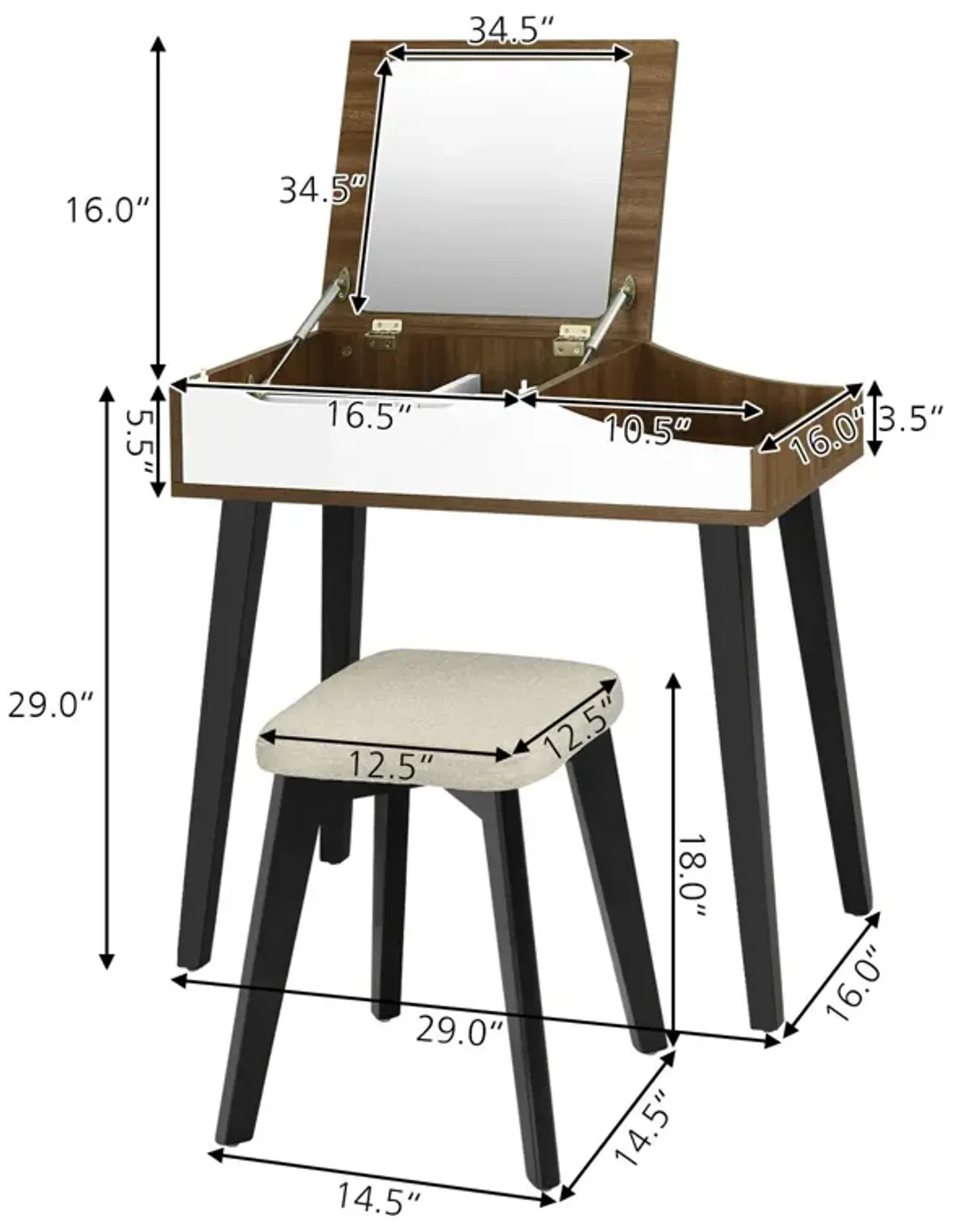 Vanity Table Set with Flip Top Mirror and Padded Stool-Brown