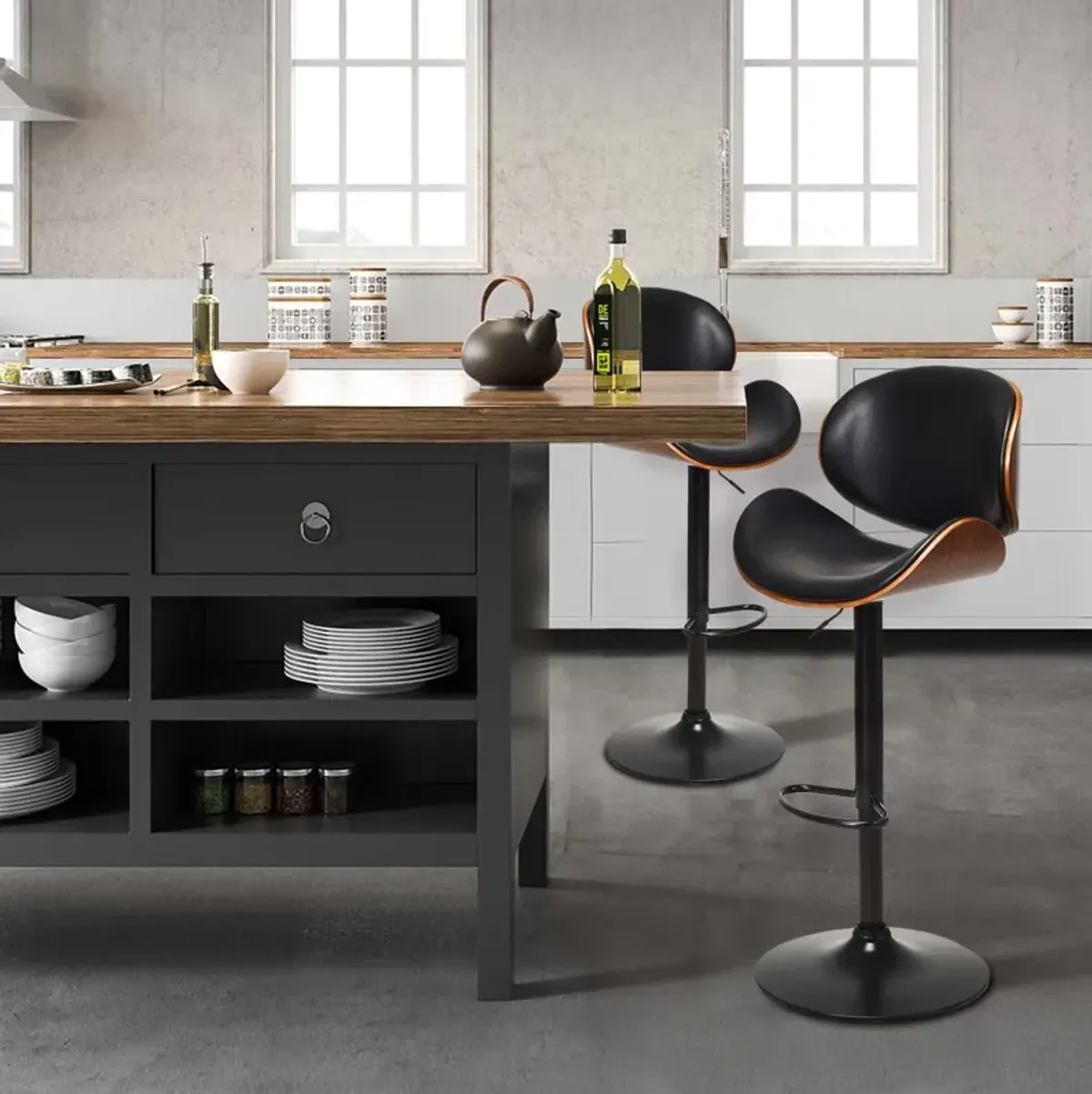 Set of 2 Adjustable Swivel PU Leather Bar Stools with Curved Footrest