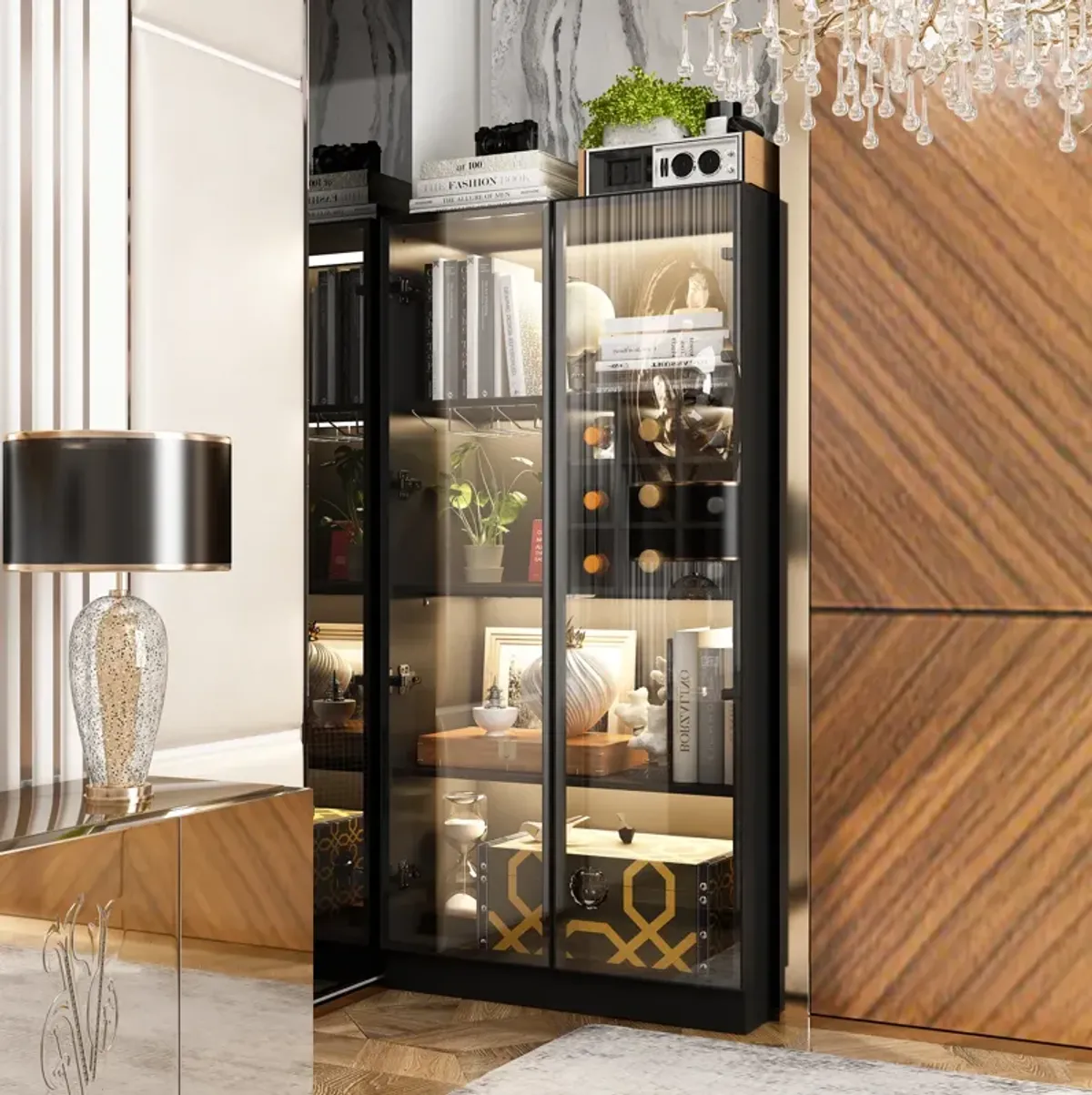 Black Wood Storage Cabinet Display Cabinet With Wine Cubes, Pop up Glass Doors, 3-Color LED Lights and Aluminum Framed