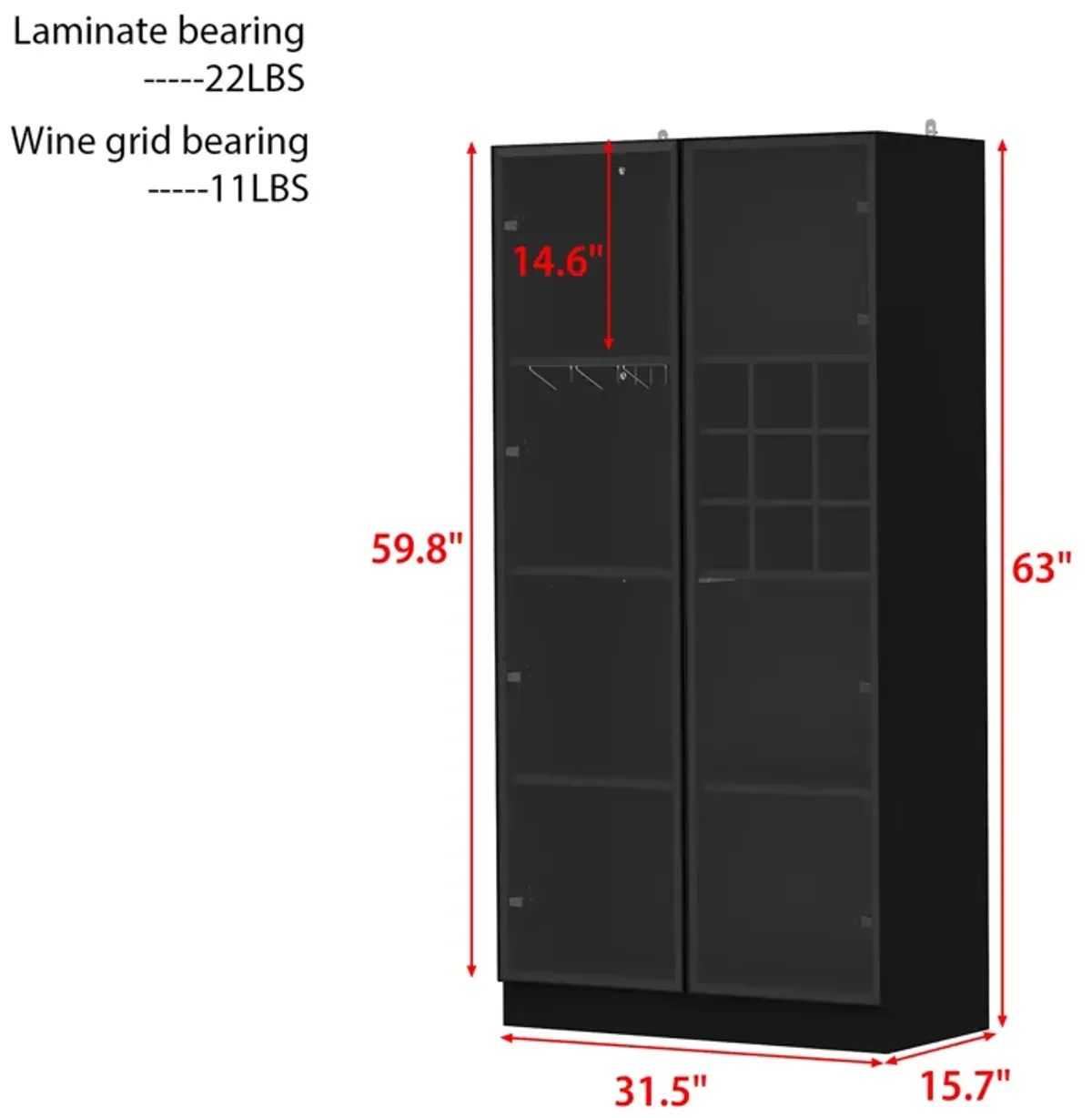 Black Wood Storage Cabinet Display Cabinet With Wine Cubes, Pop up Glass Doors, 3-Color LED Lights and Aluminum Framed