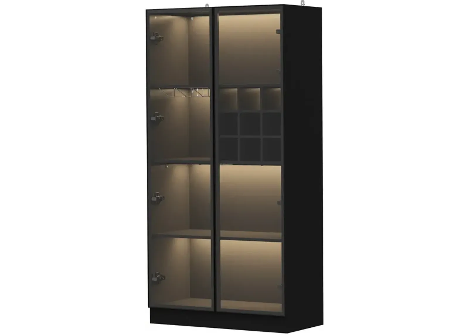 Black Wood Storage Cabinet Display Cabinet With Wine Cubes, Pop up Glass Doors, 3-Color LED Lights and Aluminum Framed