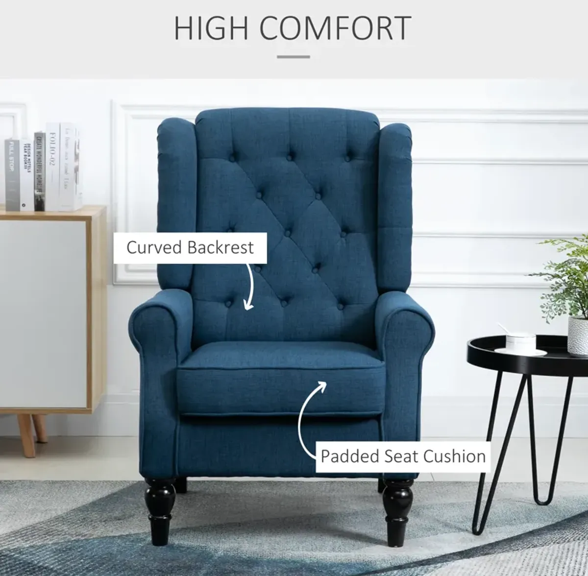 HOMCOM Button-Tufted Accent Chair with High Wingback, Rounded Cushioned Armrests and Thick Padded Seat, Blue