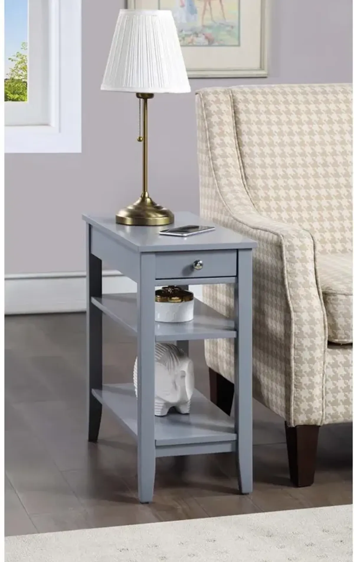 Convenience Concepts American Heritage 1 Drawer Chairside End Table with Shelves Gray