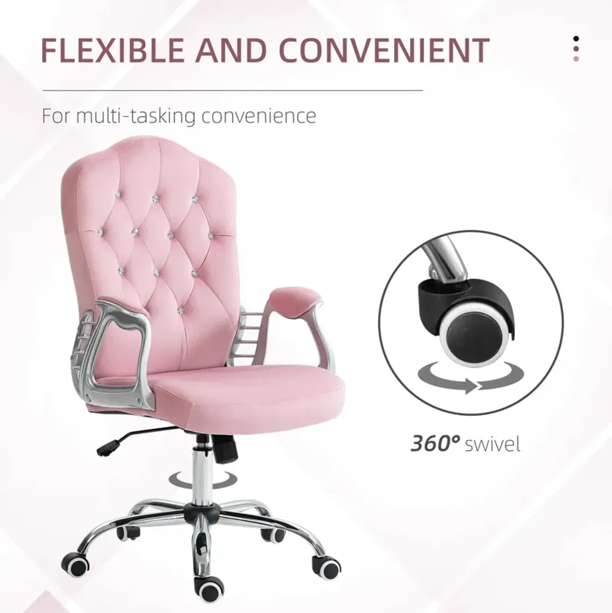 Pink Velvet Computer Chair: Button Tufted, Swivel Wheels