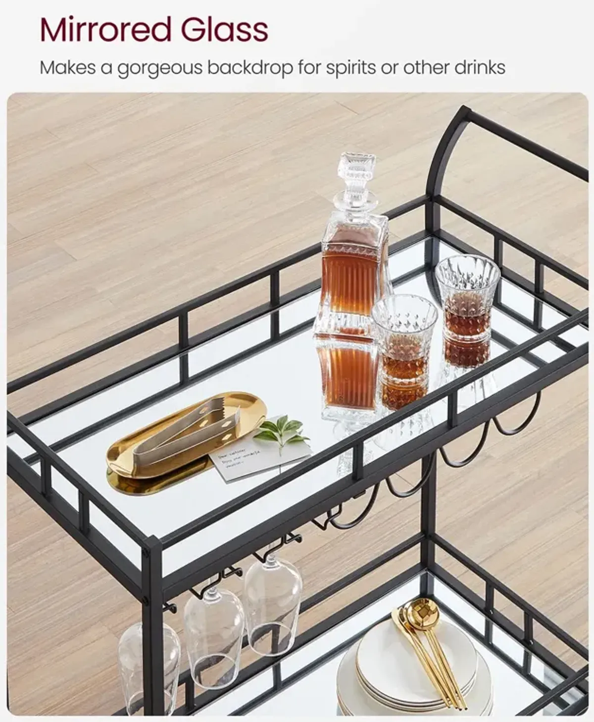 Home Bar Serving Cart with Dual Mirrored Shelves – Elegant Gold Design