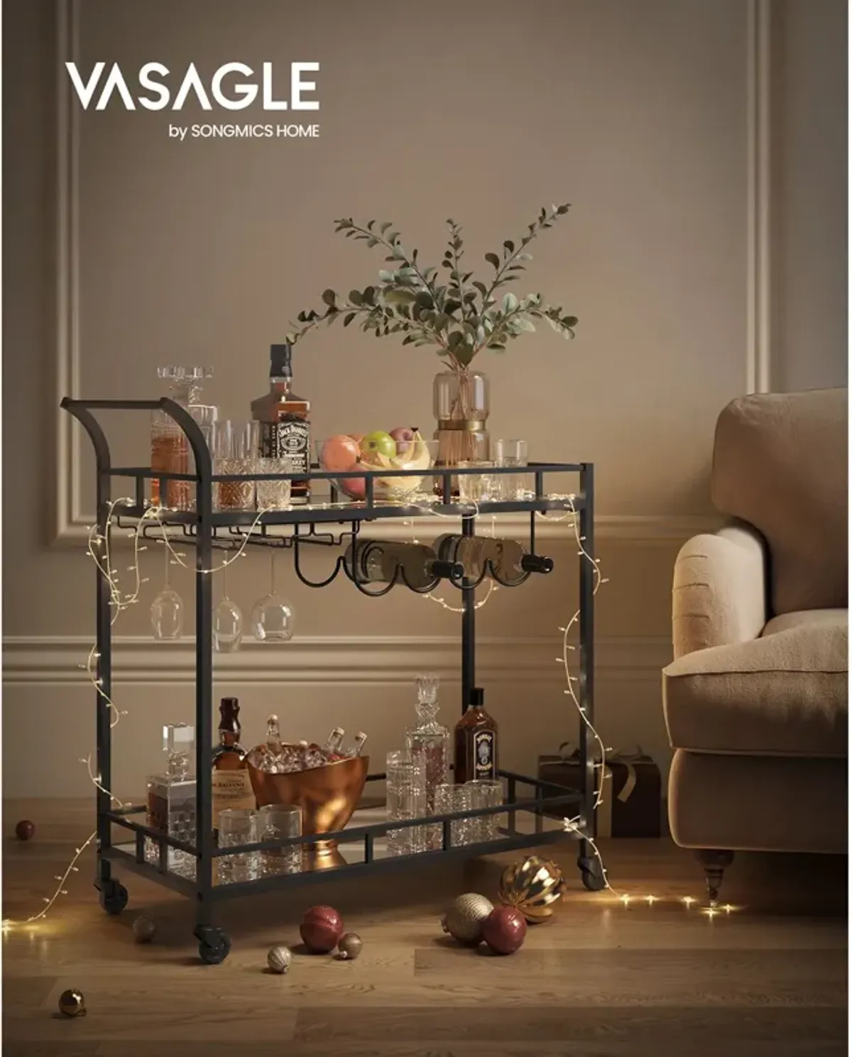 Home Bar Serving Cart with Dual Mirrored Shelves – Elegant Gold Design