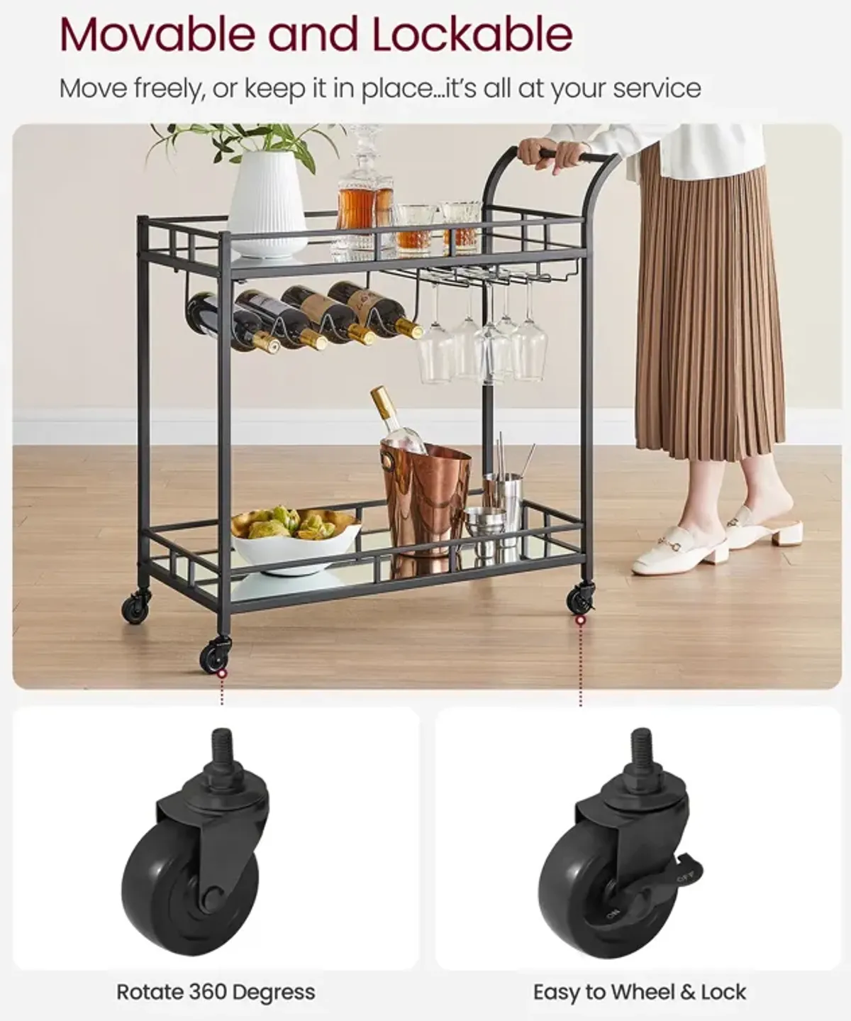 Home Bar Serving Cart with Dual Mirrored Shelves – Elegant Gold Design