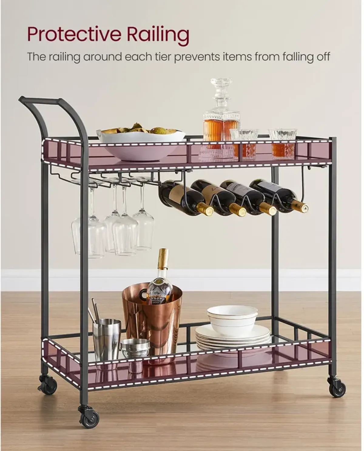 Home Bar Serving Cart with Dual Mirrored Shelves – Elegant Gold Design