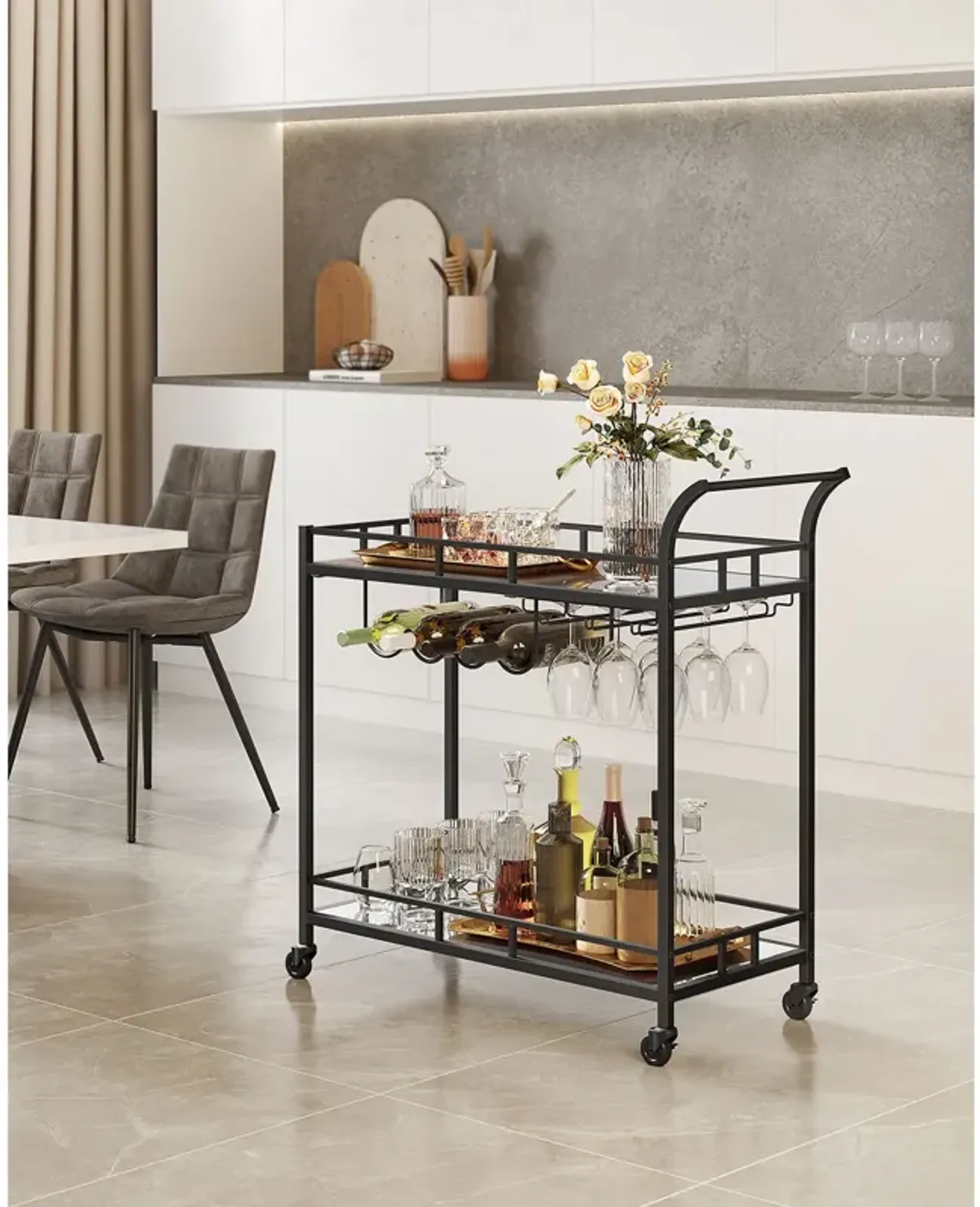 Home Bar Serving Cart with Dual Mirrored Shelves – Elegant Gold Design